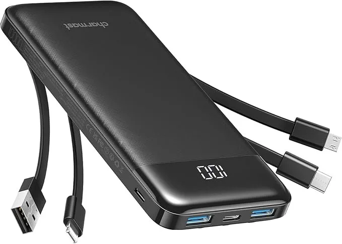 Charmast Power Bank with Built in Cables, 10000mAh USB C Battery Pack 6 Outputs 2 Inputs with LED Display Type C Powerbank Portable Charger Compatible with Smartphones Tablets and More (Black)